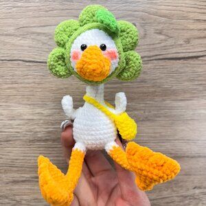 Handmade Amigurumi Crochet Duck with Green Sunflower Hat Plushie